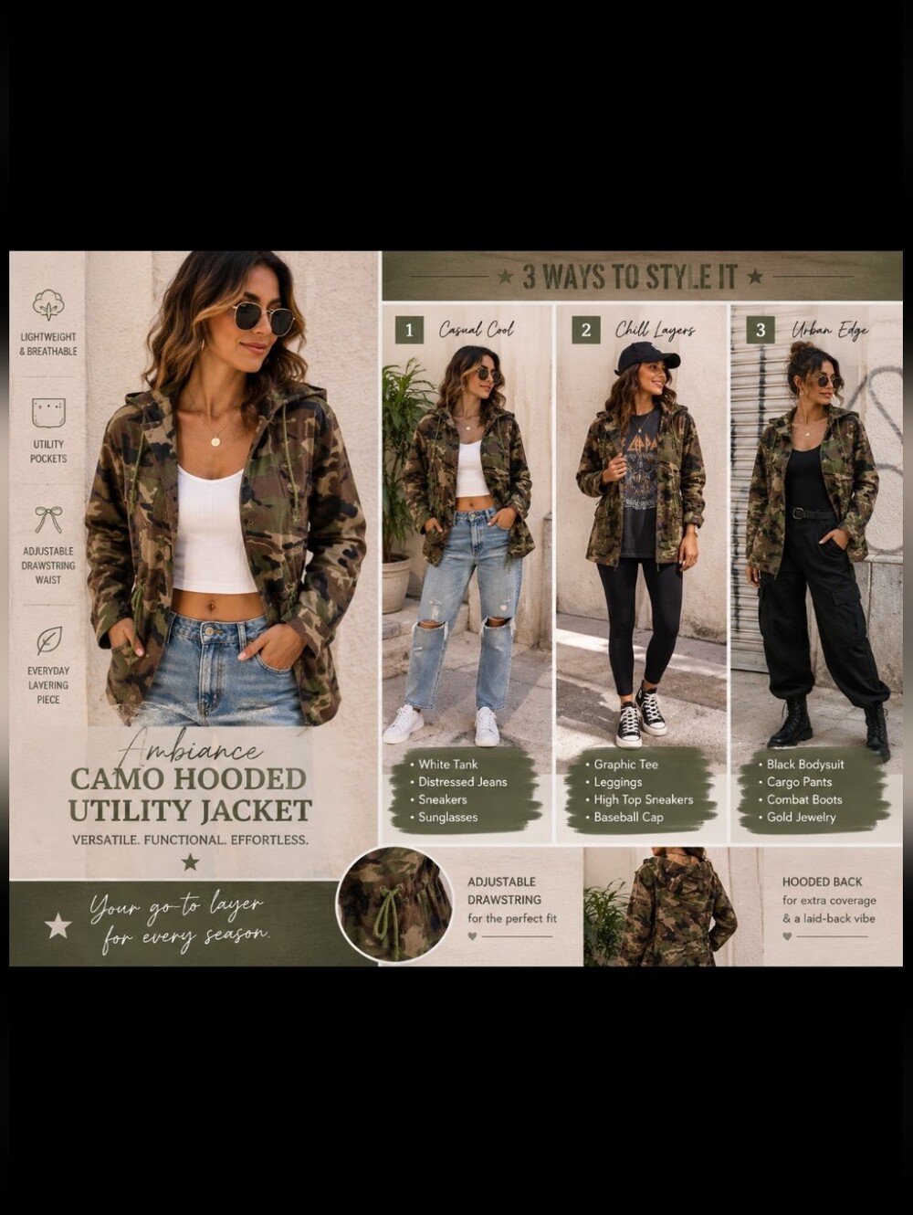 Ambiance Camo Hooded Utility Jacket – Drawstring Waist, Button Front~Small